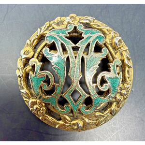 Freirich Vintage Gold Tone Green Enamel Monogram Style Brooch Pin